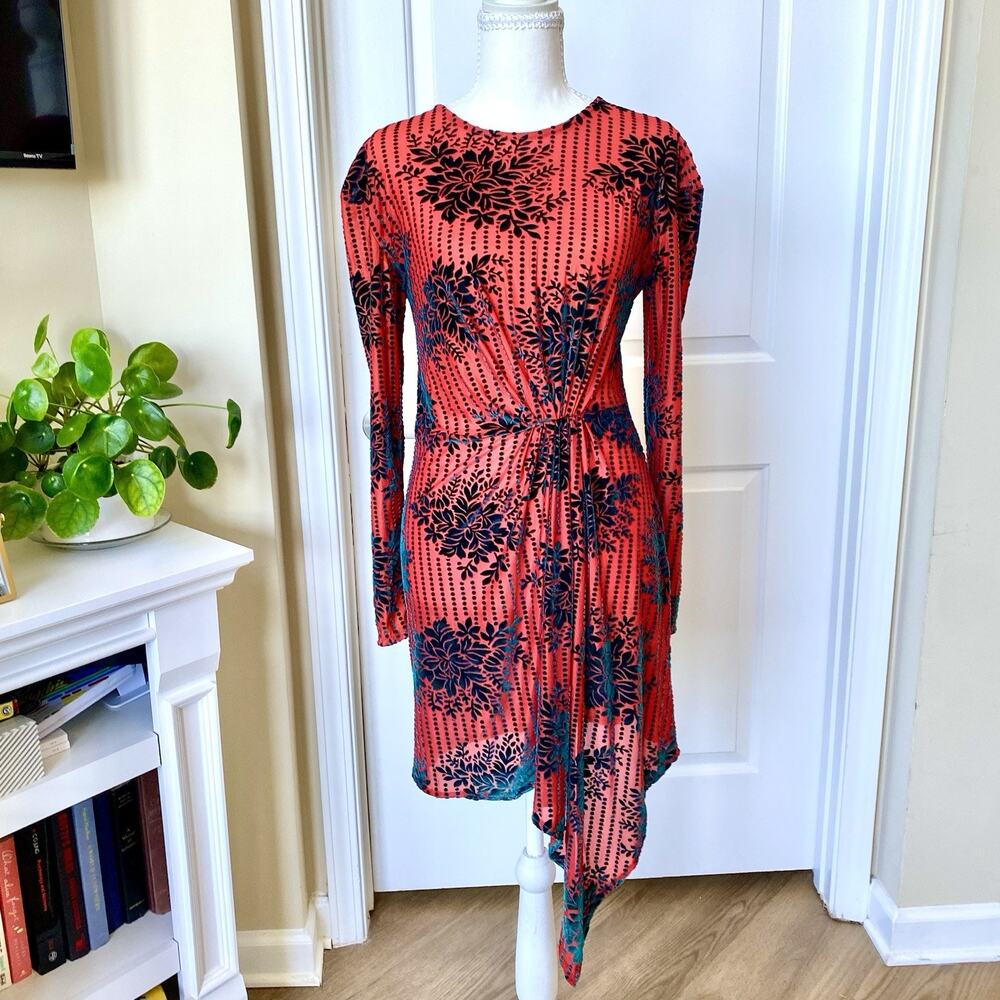 Zara Trafaluc Women's Red Orange Devore Velvet Mini Dress Size S Long Sleeve